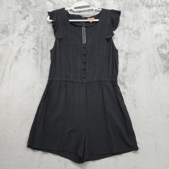 ModCloth Romper Womens L Black Anywhere and Everywhere Ruffle Cap Sleeves Rayon - Picture 1 of 9